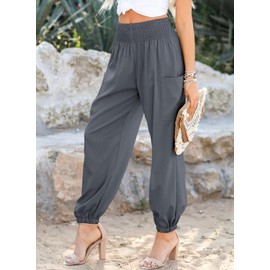 Dokotoo Ladies Summer Boho Pants Long Smocked Runching Cargo Business Dress 2025 Fashion High Waisted Elephant Trousers Loose Lounge with Pockets,Dusk Blue Large,Medium Grey Large