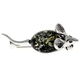 SilverAmber Jewellery UK - 925 Sterling Silver & Genuine Baltic Green Amber Gemstone Jewellery for Women - Cute Small Mouse Brooch/Pin - 4107G