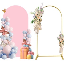 Metal Arch Backdrop Stand and Cover Set, 7.2FT Pink Reusable Spandex Fitted Backdrop Cover and Gold Wedding Arch Frame for Baby Shower, Birthday, Parties Decoration.