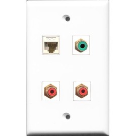RiteAV - 2 Port RCA Red and 1 Port RCA Green and 1 Port Cat6 Ethernet White Wall Plate