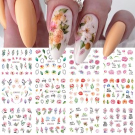 12 Pcs Flower Nail Art Stickers, Water Transferr Nail Stickers Decal Cute Small Flower Leaves Acrylic Nail Art Decoration Spring Summe Watercolor Nail Decals for Women Girls DIY Manicure Supplies