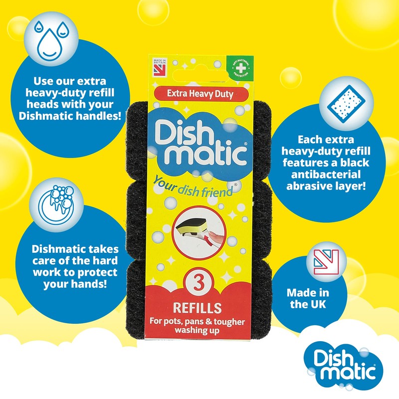 Dishmatic Black Extra Heavy-Duty Washing-Up Sponge Refill Heads with Antibacterial