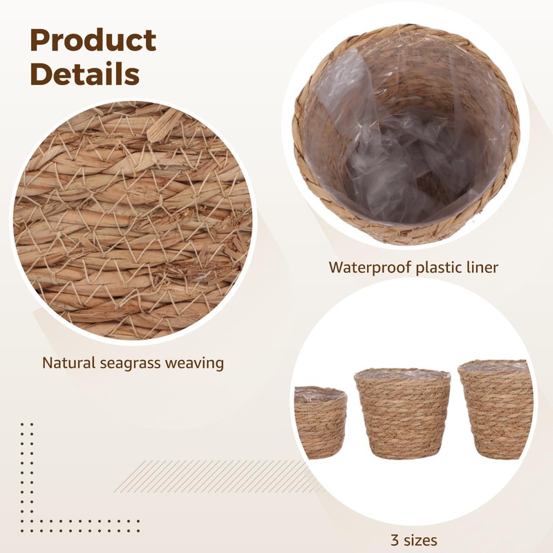 6 Pcs Plant Baskets Indoor with Plastic Liners, Wicker Hand