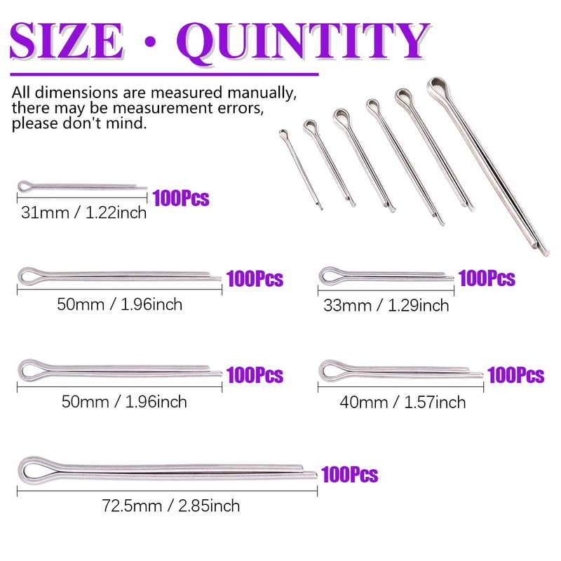 Swpeet 340Pcs 304 Stainless Steel Cotter Pin Clip Key Fastener