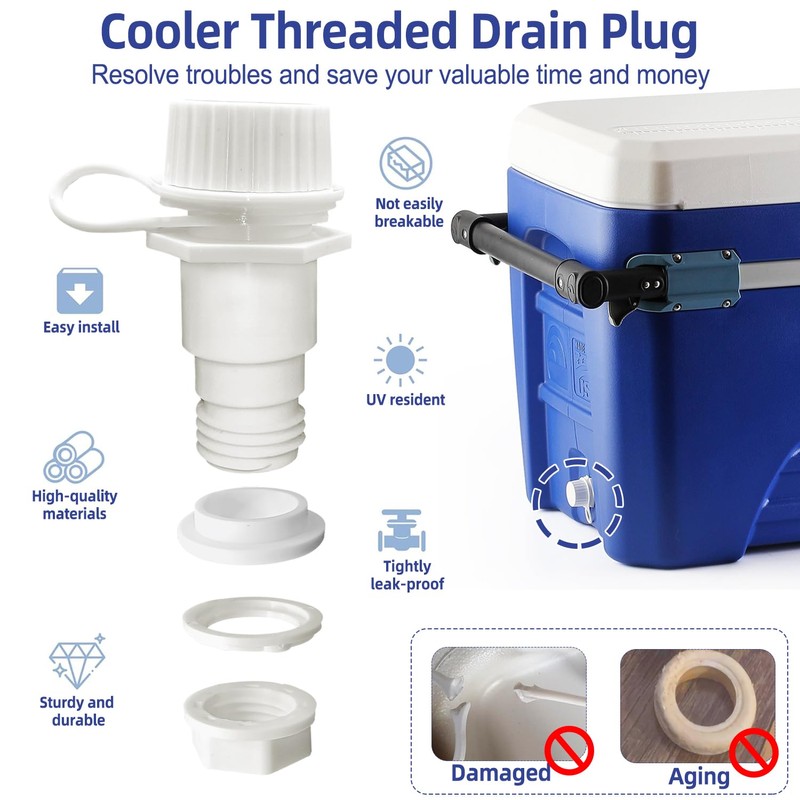 Threaded Drain Plug with Plastic Tethered Cap for Cooler, with
