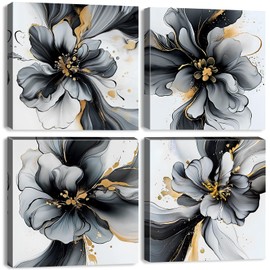 Black and Gold Wall Decor Abstract Marble Flower Wall Art for Living Room Black Grey Minimalist Foil Fluid Texture Painting Canvas Prints Modern Framed Artwork Bedroom Office Home Decorations 12x12 4P