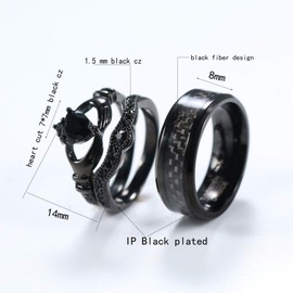 ringheart 2 Rings His and Hers Ring Couple Rings Claddagh Ring Black Cz Womens Wedding Ring Sets Titanium Steel Mens Wedding Bands