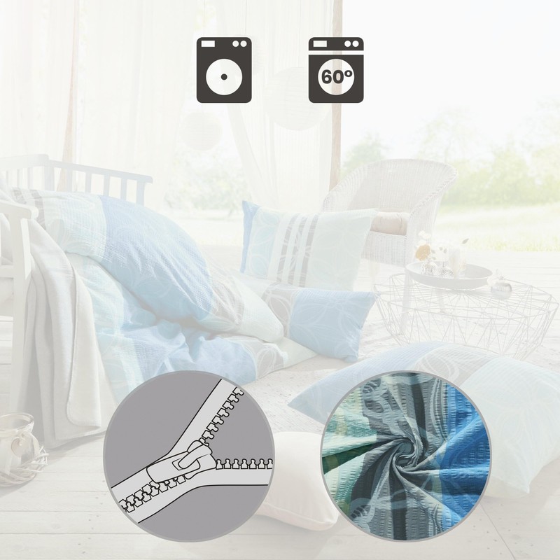 Erwin Müller Seersucker Bed Linen, 100% Cotton, Blue/Grey, Size 155