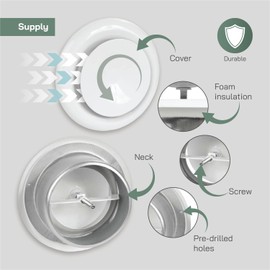Vent Systems 4" Inch White Metal Adjustable Diffuser - Round Air Supply Vent Cover for Wall, Ceiling Duct - Inline Register Air Vent Deflector - Heat or Cooling Ventilation - Indoor Ducting Grille