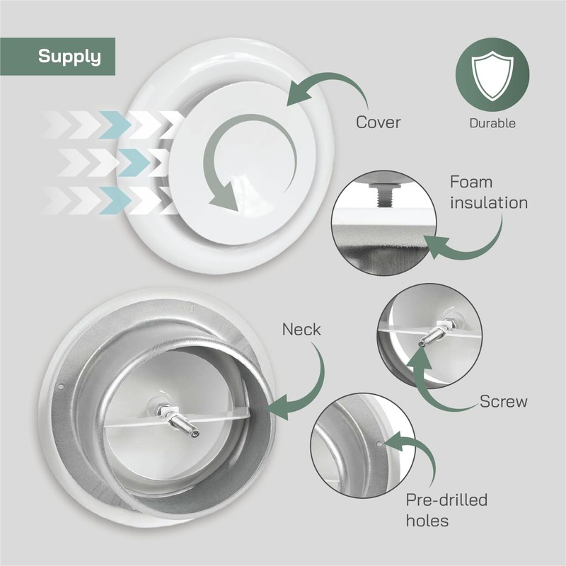 Vent Systems 4" Inch White Metal Adjustable Diffuser - Round