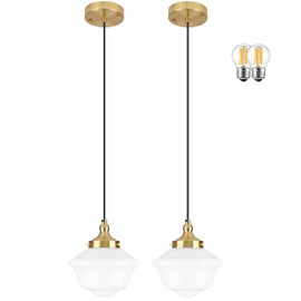 Bagood 2 Pack 8" Gold Schoolhouse Light Fixture Milk Glass Pendant Light Schoolhouse Pendant Light Milk Glass Light Fixture Mid Century Modern Ceiling Light for Bedroom Bathroom Kitchen (Bulb Incl.)