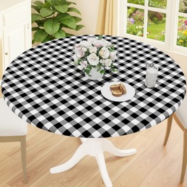 Smiry Round Picnic Tablecloth, Elastic Waterproof Fitted Vinyl Tablecloths for 45"-56" Tables, Flannel Backed Buffalo Plaid Table Cover for Dining, Camping, Outdoor, Black and White