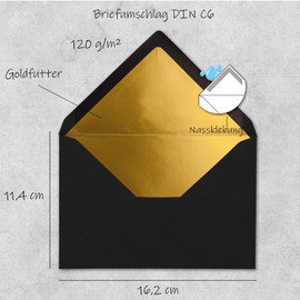 Envelopes DIN C6-114 x 162 mm - 11.4 x 16.2 cm, gummed seal, gold-silver metallic lining, Black Gold