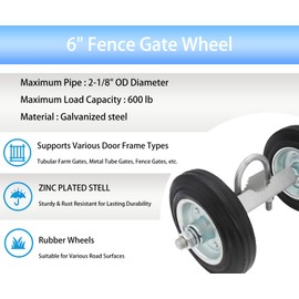 Rolling Gate Wheel, 6" Fence Gate Wheel, Gate Wheels for Metal Tube Gate, Supporting Gates with 1-3/8" Thru 2-1/8" Gate Frames, Rolling Gate Carrier Wheels for Chain Link Fence Rolling Gates