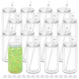 Micellwuu 16 oz Plastic Snow Globe Tumbler, 16 Pack Double Wall Snowglobe Tumbler with Pre Drilled Hole, Plastic Mason Jar Cups Can for Snow Globe Glitter DIY (Clear)