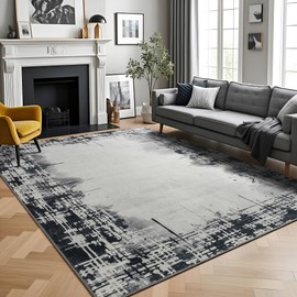 ISEAU 4x6 Area Rug for Living Room, Bedroom, Abstract Rugs Machine Washable Carpets, Non-Slip Soft Low Pile Vintage Mat for Dining Room, Kitchen on Hardwood Floors, Indoor, Grey Black