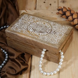 Ajuny Jewellery Storage Box Hand-Carved Decorative Wooden Art Box Flower Design – Multipurpose Watch Box Treasure Chest Great for Gifts – Brown White, 20.3 x 12.7 cm