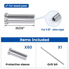 Muzata 60 Pack 1/8" Cable Railing Protector Sleeves T316 Stainless Steel Protective Sleeves Deck Cable Railing Hardware Kit for Wood Posts CR13