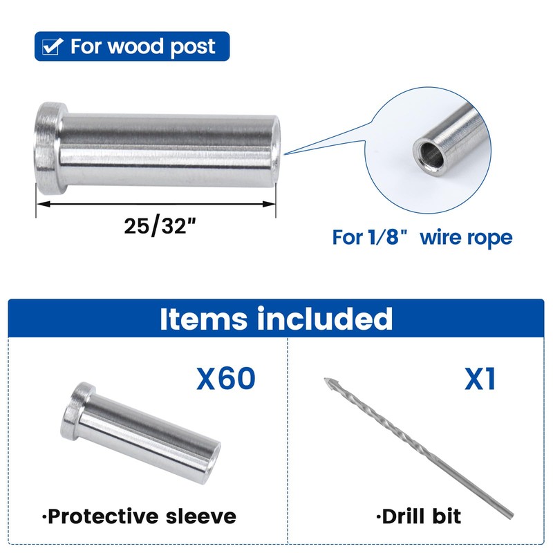 Muzata 60 Pack 1/8" Cable Railing Protector Sleeves T316 Stainless