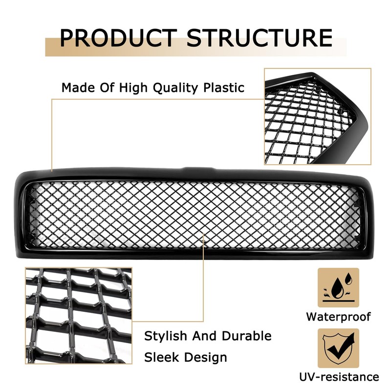 DIBON AUTO Glossy Black Grille Grill For Dodge RAM 1500