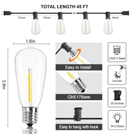 Abeja ST40 45Ft String Lights with 30 LED Vintage Light Bulbs(2 Spare), E17 Scoket Base, ST40 LED Patio String Lights UL Listed for Patio Backyard Garden Bistro Porch String Lights, Black