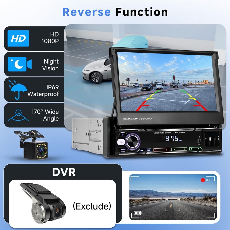 Podofo Upgrade Wireless CarPlay Single Din Radio 7 Inch Flip