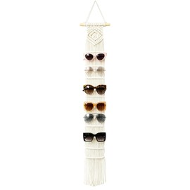 Macrame Sunglasses Holder, Boho Wall Hanging Minimalist Eyewear Organizer, Natural Color Vertical Woven Glasses Storage Rack with 12 Layer Design, for Bedroom Living Room Home Office Decor