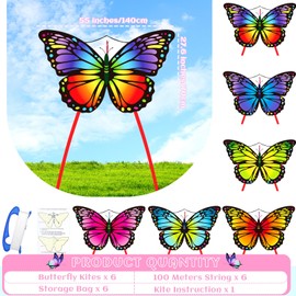 6 Pcs Kites Butterfly Kite 55" x 28" Large Kites with 328ft Kite String Beach Kites Colorful Kite for Adults Beginner Outdoor Supplies (Rainbow)