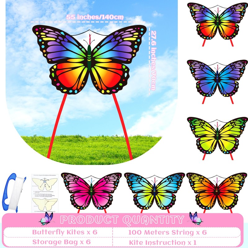 6 Pcs Kites Butterfly Kite 55" x 28" Large Kites