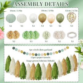 Greenery Baby Shower Decorations, Oh Baby Banner, Tissue, Paper Lanterns, Pom Poms, Sage Green Netral Boy or Girl Gender Reveal Party Supplies