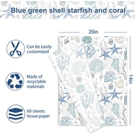 FYSUIMU 60 Sheets Pastel Ocean Tissue Paper Blue Under The Sea Shell Starfish Coral Wrapping Paper Decorative Art Tissue for Summer Birthday Baby Shower, 14 x 20 Inch