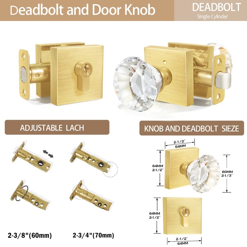 HIEMEY Satin Brass Diamond Glass Crystal Door Knob and Single