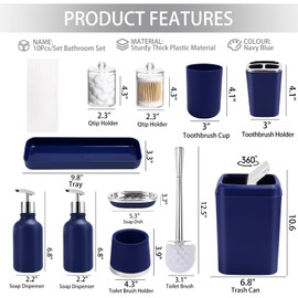 XLHOMO Navy Blue Bathroom Accessories Set - 10 Piece Bathroom Set with Trash Can and Toilet Brush, Soap Dispenser, Toothbrush Holder and Cup, Soap Dish, and Qtip Holder, for Housewarming Gift