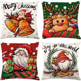 Christmas Throw Pillow Covers 18x18 Inch Linen Cushion Pillowcase Santa Reindeer Gnome Gingerbread Winter Holiday Farmhouse Decor for Sofa Couch Set of 4