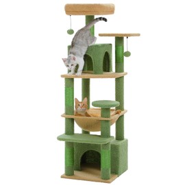PAWZ Road Cat Tree, 53.5 Inches Tall Cat Tower with Spacious Hammocks, Condos and Scratching Posts, Cat House with Dual Padded Perches for Indoor Large Cats-Green