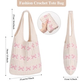 Etercycle Crochet Tote Bag, Mesh Beach Bag for Women Knit Summer Hobo Bag Vacation Boho Tote Bag (Pink Bow)