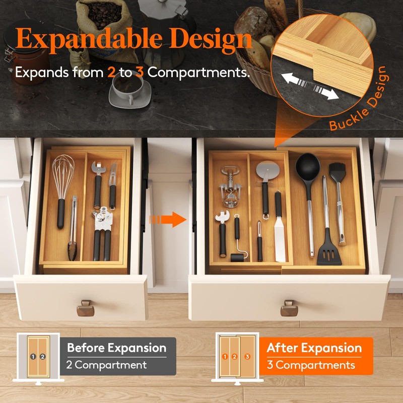 Lifewit Utensil Organizer for Kitchen Drawer, Expandable Cooking Utensil Tray,