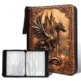 Wazzio 900 Pocket Trading Card Storage Album, Card Binder with 50 Durable 9-Pocket Pages, Birthday Gifts for Fathers Day, Retro Dragon Design on Pocket Card Packs, Gifts for Zipper Closure Collector
