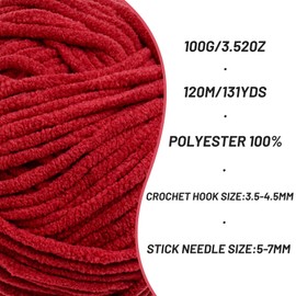 Plush Chenille Chunky Crochet Yarn - Baby Yarn for Crocheting Soft - Velvet Yarns Knitting for Blankets Crafts - Fluffy Amigurumi Yarns 100g / 131yd (Burgundy)