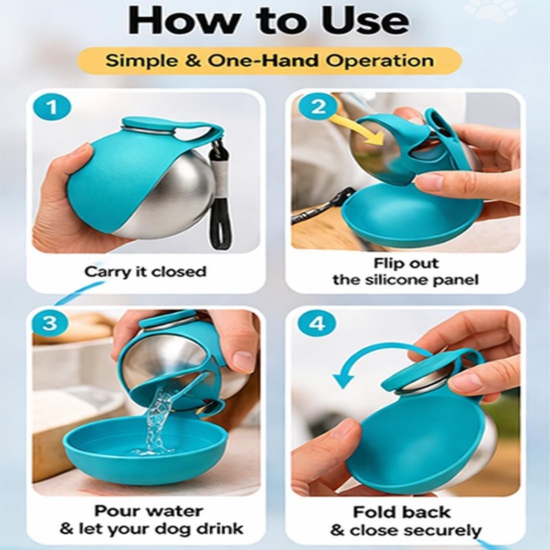 2-in-1 Dog Water Bottle & Bowl, Portable Stainless Steel Travel