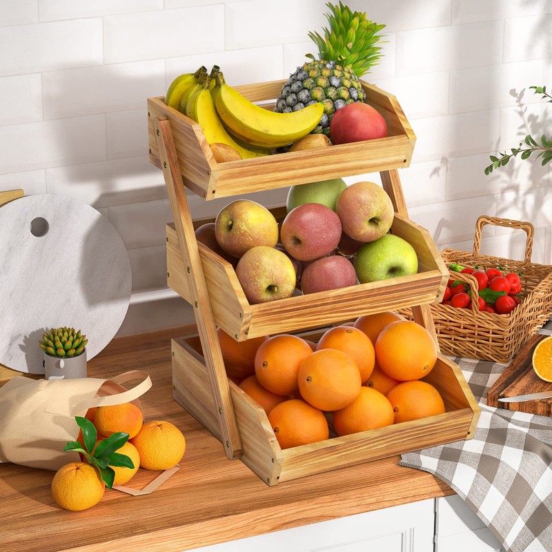 Merysen 3 Tier Wooden Fruit Basket For Kitchen, Bread Vegetable