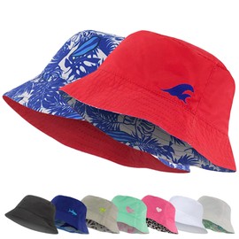 Bucket Hat for Girls & Boys, Packable Double Sided Reversible Beach Sun Kids Bucket Hat (Red/Tropical Surf, 7-14 Years)