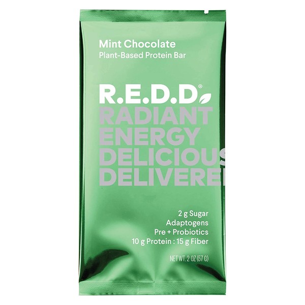 REDD Vegan Protein Bar - Mint Chocolate - 12 Bars - Healthy Snack with 10g Plant-Based Protein, Low Sugar, Gluten-Free, Dairy-Free, High Fiber, Probiotics