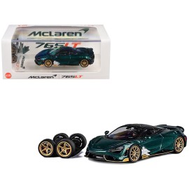 DCD McLaren 765LT 1/64 Diecast Model Car Racing Green Metallic with Black Top and Extra Wheels by CM Model