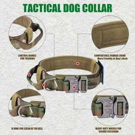 Tactical Dog Collar Military Dog Collar Adjustable Nylon Dog Collar Heavy Duty Metal Buckle with Handle for Dog Training,with Patches (Camo, XL)