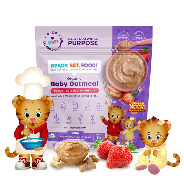 Ready, Set, Food! Organic Baby Oatmeal Cereal | Daniel Tiger Peanut Butter Strawberry | Organic Baby Food with 9 Top Allergens | Unsweetened | Fortified with Iron | 15 Servings