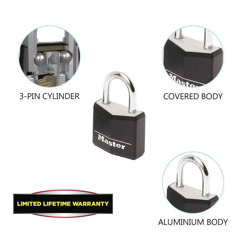 Master Lock 9120EURQNOPBLK 20mm Black Covered Aluminium Padlocks Four Pack