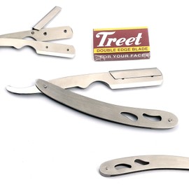 DDP Silver Barber Hair Shaving Razor Straight Edge Folding Knife + 10 Blades BTS-714