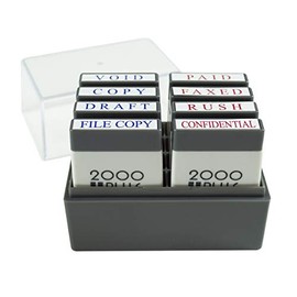 2000 PLUS Pre-Ink Mini Stamp Set with Storage Tray, 8 Messages, Void, Copy, File Copy, Draft, Paid, Rush, Confidential, FAXED, 1" x 1/4" Impression, Red and Blue (030219)