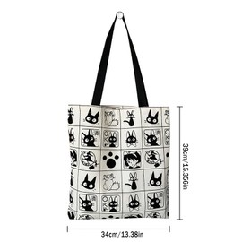 DigiTizerArt Canvas Tote Bag for Women with Inner Pocket Aesthetic Cute Anime Elements Kiki And JiJi Cat Pattern Shopping Tote Bags Reusable Grocery Bags